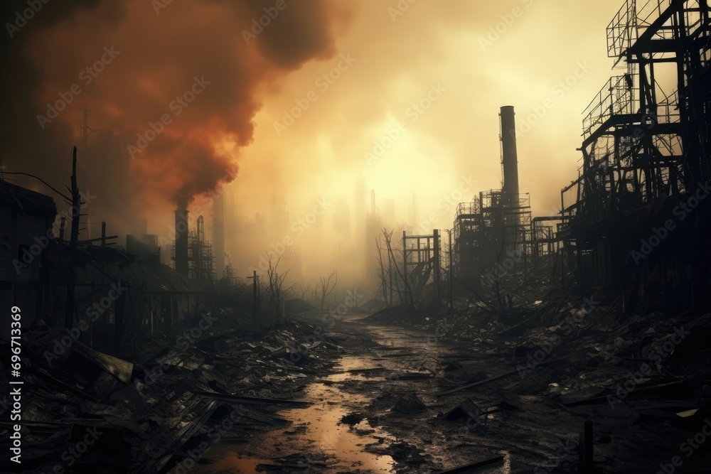 Factory in the smoke. Global warming concept. 3D illustration, Abandoned industrial area shrouded in smoke and smog, Disaster concept, AI Generated