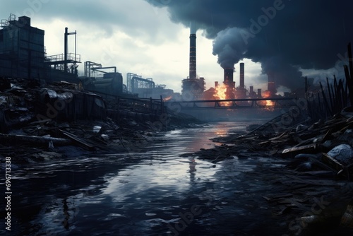 Factory in smoke and smog. Global warming concept. 3D rendering  Abandoned factory in the middle of the river  Concept of environmental pollution  AI Generated