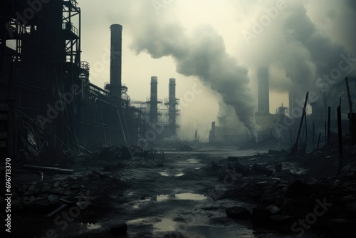 Foggy industrial landscape with smoking chimneys. 3D rendering  Abandoned industrial area shrouded in smoke and smog  Disaster concept  AI Generated