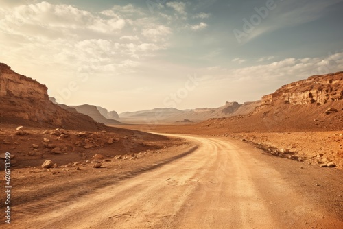 Rural road in the Sinai desert, Egypt. Vintage stylized photo, Adventure desert road explore vibe, AI Generated
