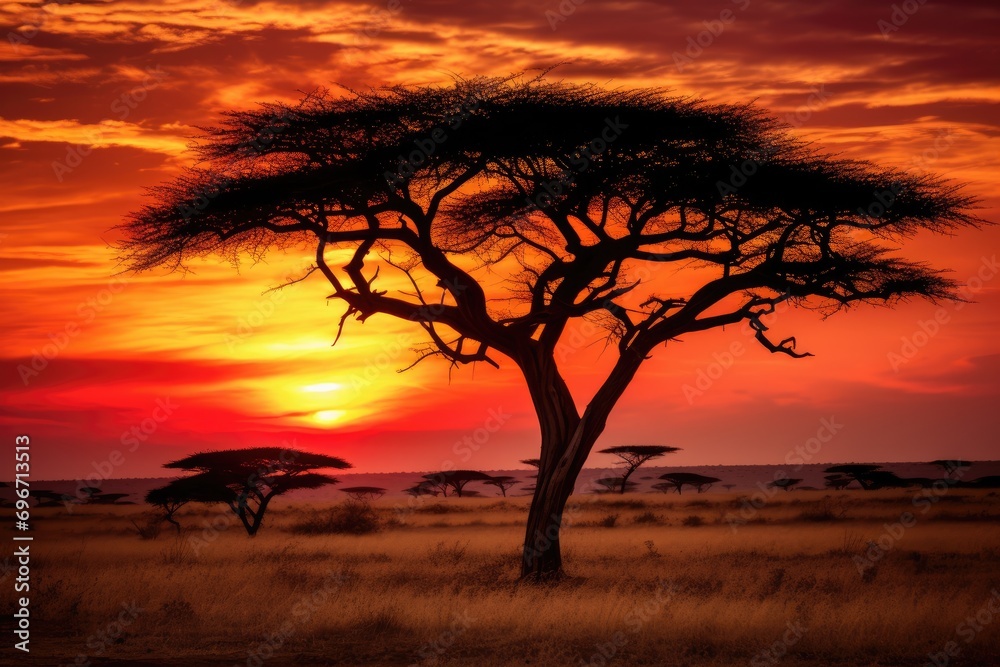 African savannah at sunset with acacia tree in Kenya, Africa, African savannah scene with acacia trees during sunset in Serengeti National Park, Tanzania, AI Generated