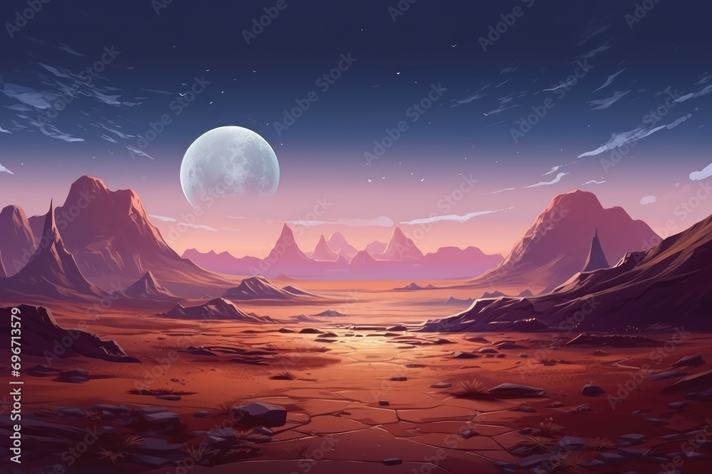Fantasy alien planet. Mountain and lake. 3D illustration, Alien planet landscape for a space game background, AI Generated