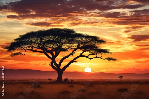 African savannah sunset with acacia trees in Serengeti National Park, Tanzania, African savannah scene with acacia trees during sunset in Serengeti National Park, Tanzania, AI Generated photo