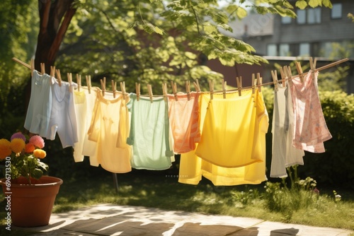 Wallpaper Mural Laundry drying on clothesline in summer garden. Laundry day, After being washed, children's colorful clothing dries on a clothesline in the yard outside in the sunlight, AI Generated Torontodigital.ca