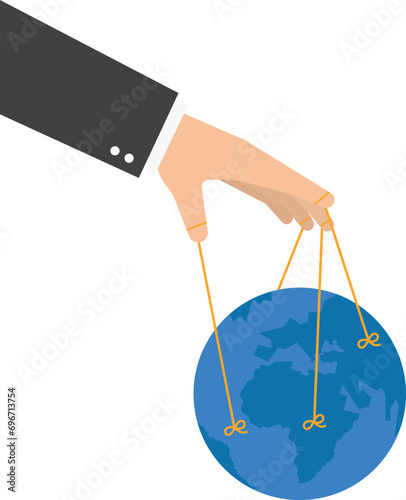 World domination, power to manipulate or control economy, stop the war for world peace, political and conspiracy theory concept, anonymous businessman hand with puppet string to control the world.

