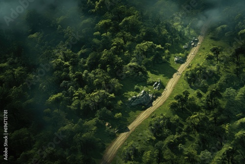 Aerial view of a mountain road in the middle of the forest, An aerial view captures a forest and road surrounded by nature, AI Generated © Iftikhar alam