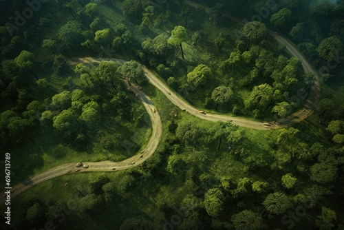 Aerial view of a road in a green forest in the morning, An aerial view captures a forest and road surrounded by nature, AI Generated © Iftikhar alam
