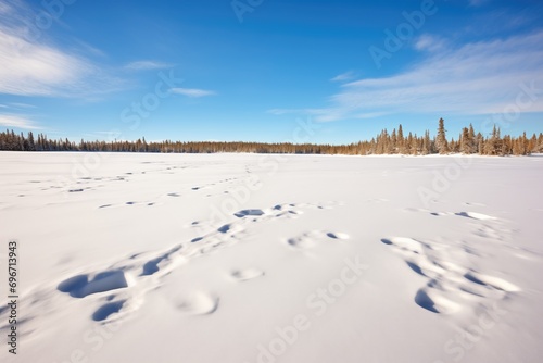 snowshoe prints across an untouched snowfield photo