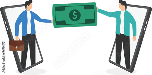 Online money transfer concept, two men holding money paper for transaction by using internet service

