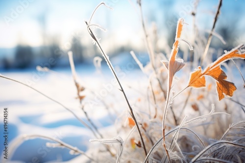 frost-bitten foliage along a frozen lakes perimeter