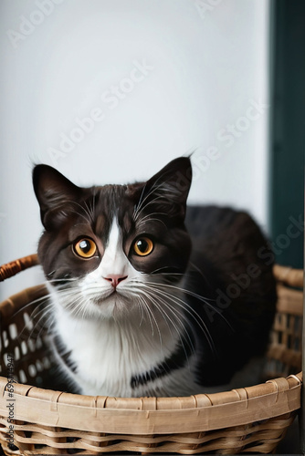 Asiancat sits basket. Generative AI photo