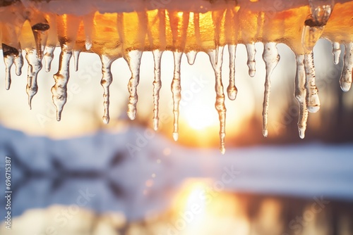 reflection of sunrise in an icicle胢s surface