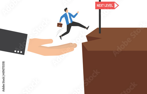 Big hand helping businessmen to achieve a higher level of business and career path vector illustration.


