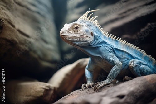 blue iguana showing dewlap on rocky terrain