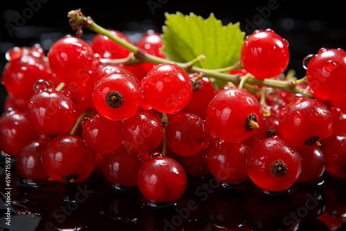 A bunch of fresh ripe red currants on a branch with green leaves. A handful of juicy berries with drops of water. Close-up. Isolated on a black background.