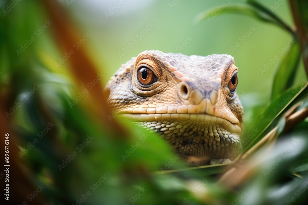Obraz premium monitor lizard peering from behind leafy branches