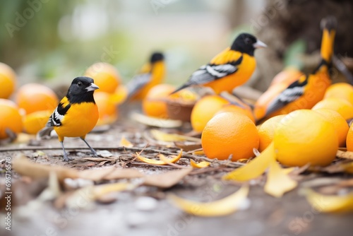 group of orioles pecking at fallen oranges on the ground photo