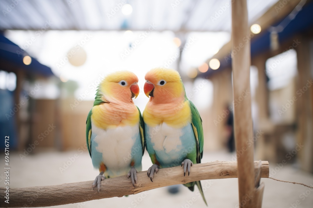 lovebirds on a sand-coated perch in an aviary - obrazy, fototapety, plakaty 