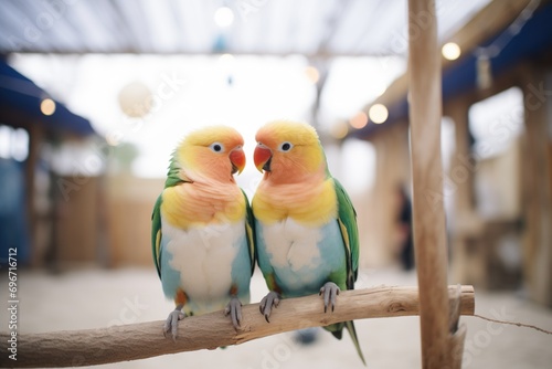 Vászonkép lovebirds on a sand-coated perch in an aviary