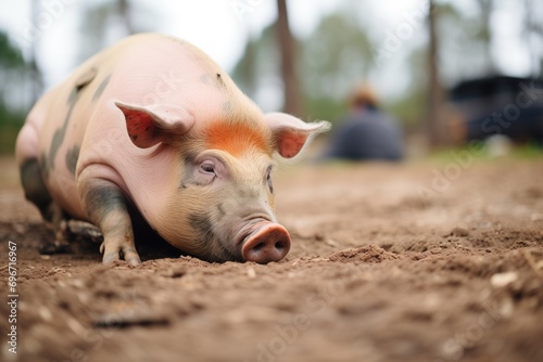 potbellied pig pawing at ground photo