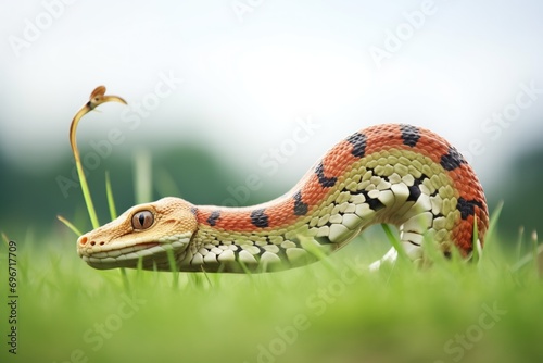 side view of rattlesnake stalking a hamster in grass photo