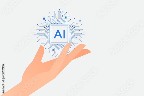 Businessman’s hand touch or show on virtual AI brain or computer chip by artificial intelligence technology concept. Ai circuit line for machine learning.
