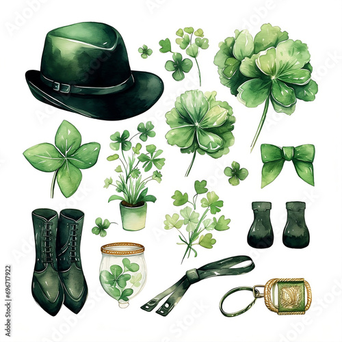 St Patricks day set with clover, hat, boots. Watercolor Patricks day clipart in green and black colors on a white background 