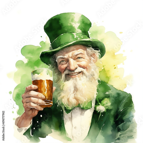 Watercolor Saint Patricks day leprechaun in green suit and cylinder with glass of beer on the white background