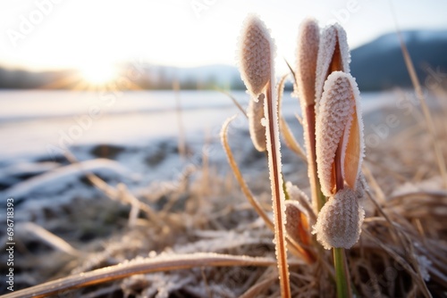 early morning frost on snowshoe tracks beside a frozen cattail cluster photo