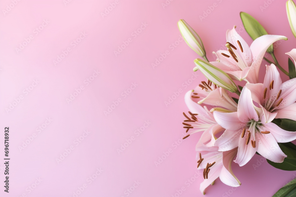 Woman's day, Mothers day, anniversary, marriage, birthday concept. Top view of beautiful lilies flowers blossom on plain background with blank copy space. Muted pastel colors