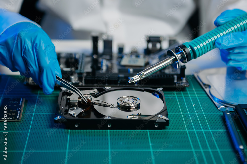 Naklejka premium The technician is putting the CPU on the socket of the computer motherboard. electronic engineering electronic repair, electronics