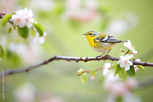 a warbler standing on a blooming branch of apple tree