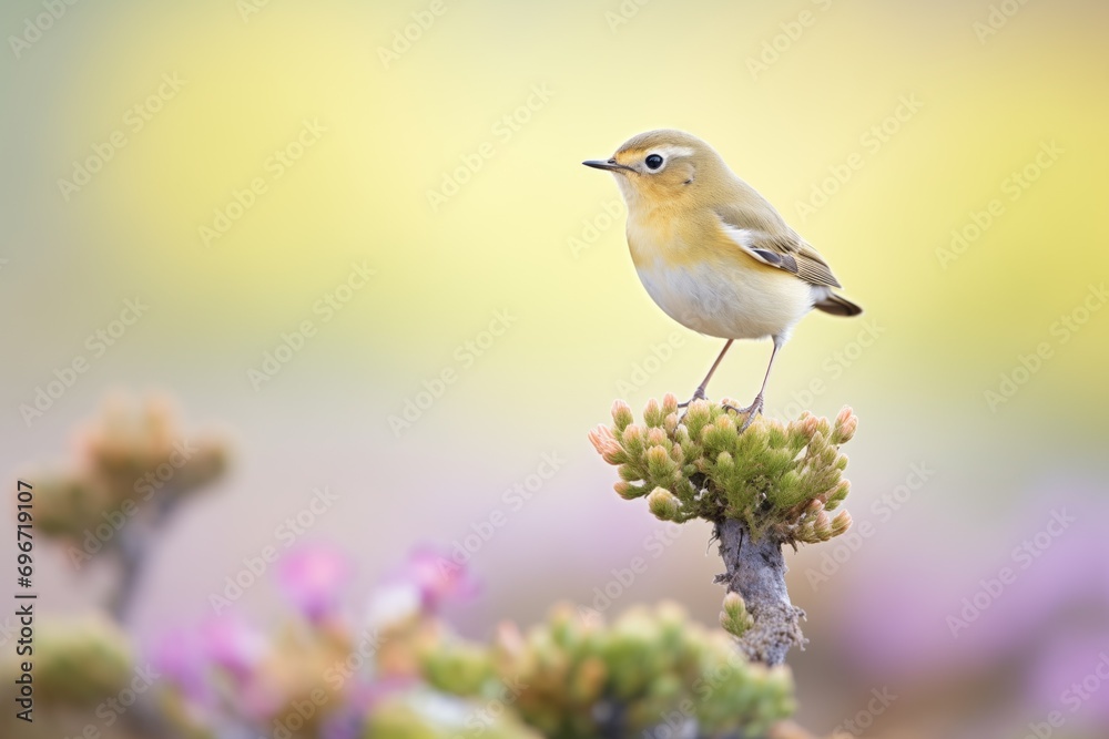 warbler perched atop a sprig of heather flowers warbler perched atop a sprig of heather flowers