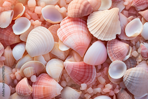 Nature, graphic resource concept. Abstract and minimalist various shapes and forms corals and seashells background with copy space. Tones image with pink color