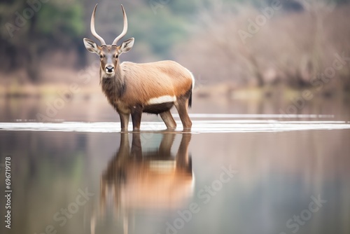 lone waterbuck reflected in calm water photo