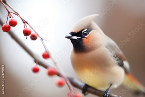 waxwing with fluffed feathers holding a berry photo