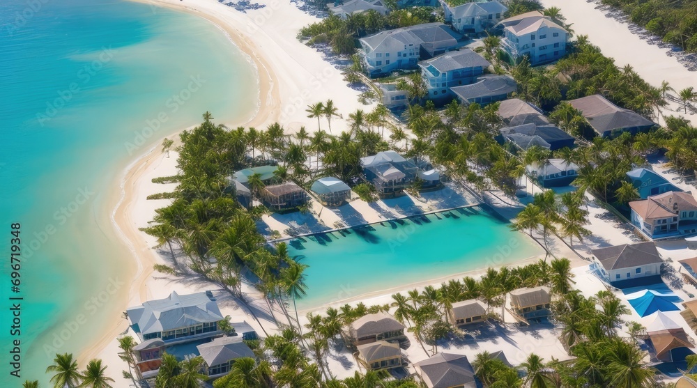 A Top-View Symphony of Palm Trees, Ocean Waves, and Sandy Shores Creating a Breathtaking Beachscape.