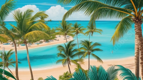 A Top-View Symphony of Palm Trees  Ocean Waves  and Sandy Shores Creating a Breathtaking Beachscape.
