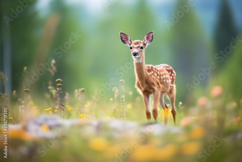 fawn standing in a wildflower patch