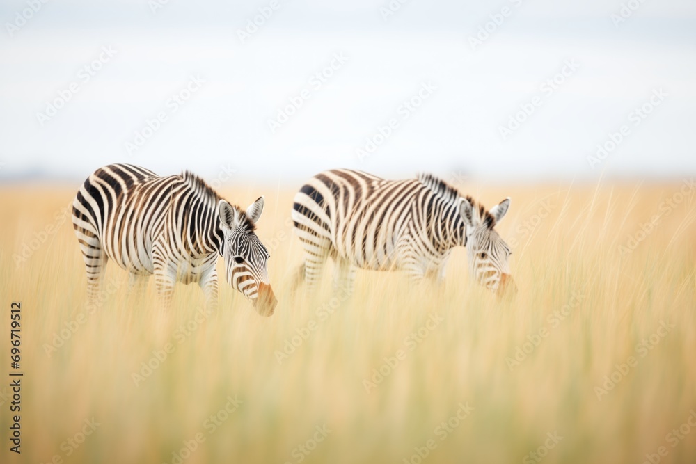 Fototapeta premium zebras in a line nibbling on grass