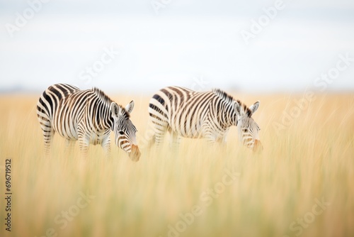 zebras in a line nibbling on grass