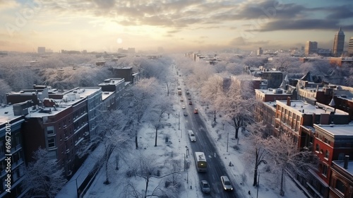 Urban winter landscape. A snow-covered city street, trees covered with snow. View from above. Cloudy winter day, soft light. .