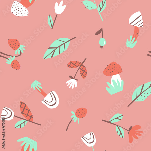 Seamless pattern with flowers, leaves and mushrooms scattered on a pink background. Pattern for children's clothing fabric. Flat vector illustration.