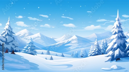 Vector illustration. Flat landscape. Snowy background. Snowdrifts. Snowfall. Clear blue sky. Blizzard. Cartoon wallpaper. Winter season. Forest trees and mountains..