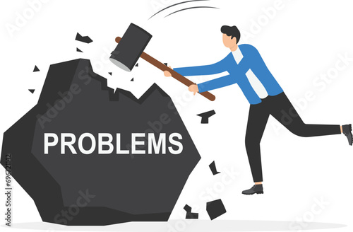 Vector businessman breaking rock of PROBLEMS by hammer design illustration

