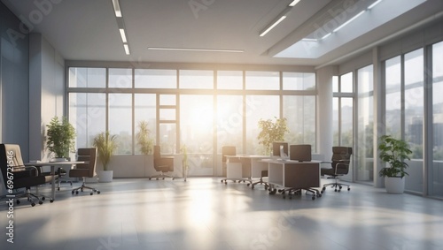 Empty modern office interior in the morning with a lot of space and wide glass windows. Minimal bright coworking office idea