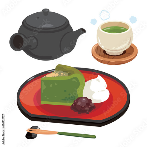 おぼんに盛られた抹茶のガトーショコラとお茶のセット