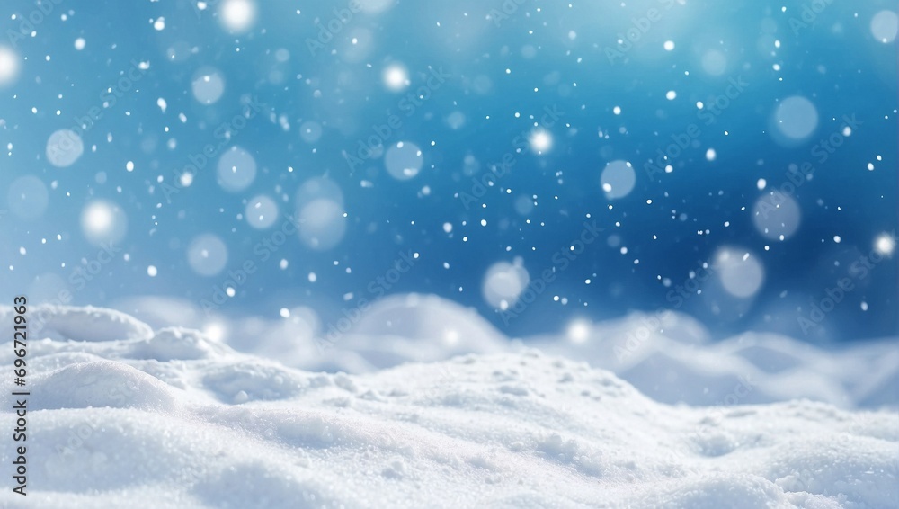 Winter landscape background with white snow on blurred blue background with bokeh
