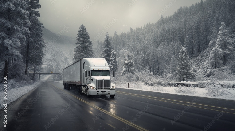 White big rig industrial semi truck with grille guard transporting cargo in dry van semi trailer standing on road shoulder of a winter highway during a snow storm near Shasta Lake in California .