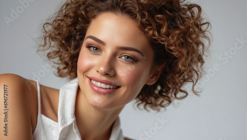 A beautiful young brunette woman portrait smiling with curly hair  full lips  and flawless skin on white background. Spa model girl for facial and hair treatment